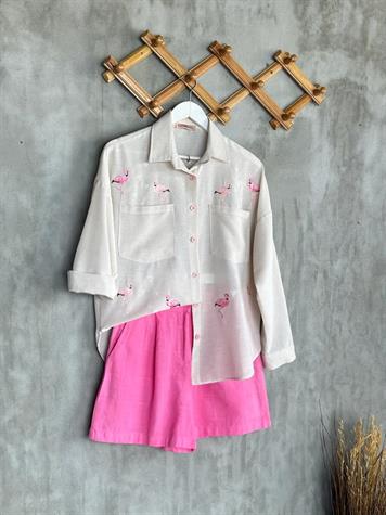Keten Nakış Flamingo İşlemeli Tunik Gömlek (Taş)