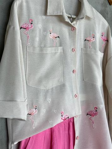 Keten Nakış Flamingo İşlemeli Tunik Gömlek (Taş)