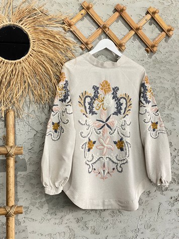 Keten Özel Nakış İşlemeli Bohem Kimono
