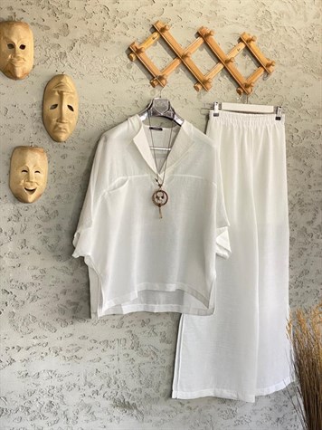 Keten Paçası Yırtmaçlı Takım (Beyaz)