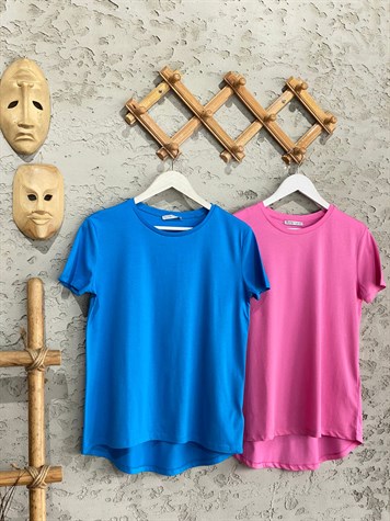 Kısa Kol Bisiklet Yakalı Basic Rous Tişört (Pembe/Saks)