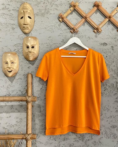 Kısa Kol V Yakalı Basic Tişört (Oranj/Siyah)