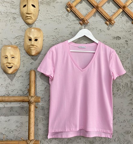 Kısa Kol V Yakalı Basic Tişört (Pudra/Şeftali)
