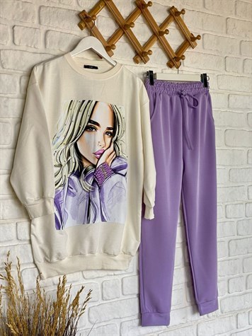 Kız Baskı Detaylı Özel Kristal İşçilikli Sweat (Ekru)