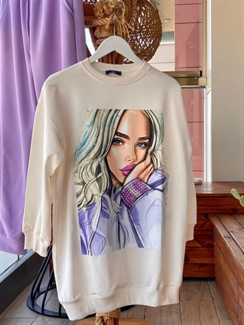 Kız Baskı Detaylı Özel Kristal İşçilikli Sweat (Ekru)