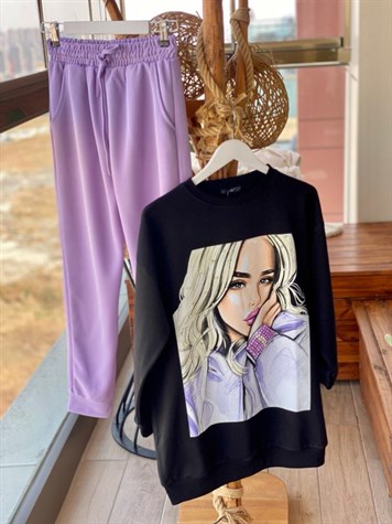 Kız Baskı Detaylı Özel Kristal İşçilikli Sweat (Siyah)