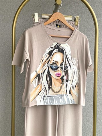 Kız Baskılı Lazer Kesim Tshirt (Bej)
