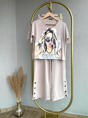 Kız Baskılı Lazer Kesim Tshirt (Bej)