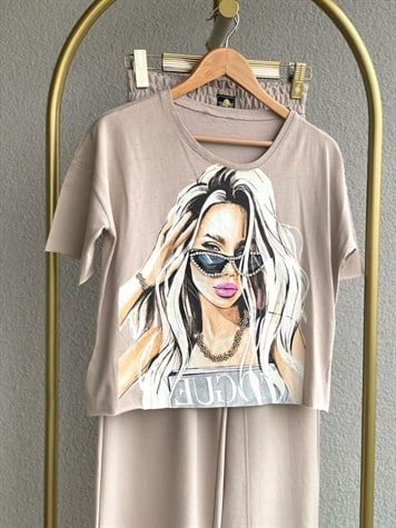 Kız Baskılı Lazer Kesim Tshirt (Bej)