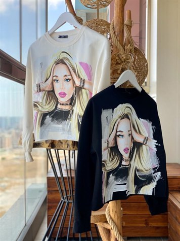Kız Baskılı Özel Taş İşçilikli Sweat (Ekru&Siyah)