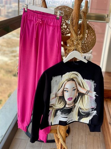 Kız Baskılı Özel Taş İşçilikli Sweat (Ekru&Siyah)