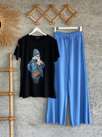 Kız Baskılı Taşlı Tshirt (Siyah)