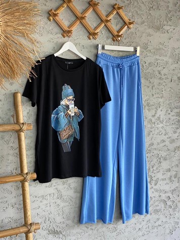 Kız Baskılı Taşlı Tshirt (Siyah)