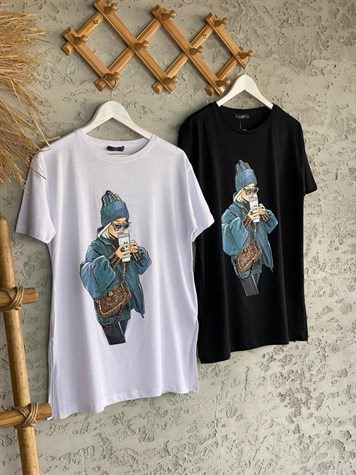 Kız Baskılı Taşlı Tshirt (Siyah)