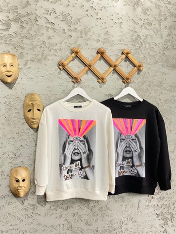 Kız Nakışlı Renkli Payet Baskılı Sweat (Siyah)