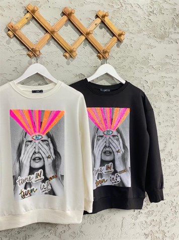 Kız Nakışlı Renkli Payet Baskılı Sweat (Siyah)