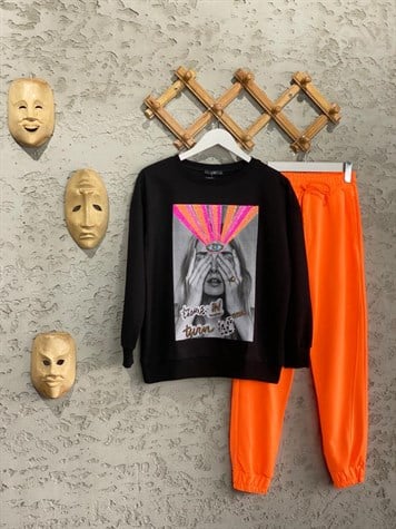 Kız Nakışlı Renkli Payet Baskılı Sweat (Siyah)