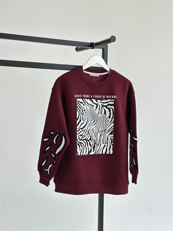 Koldan Nakış İşlemeli Ve Zebra Baskılı Sweat (Bordo)