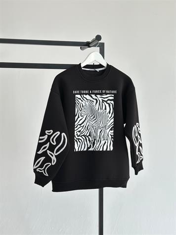 Koldan Nakış İşlemeli Ve Zebra Baskılı Sweat (Siyah)