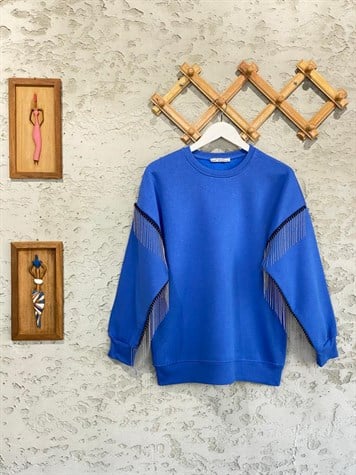 Koldan Şerit Zincir Detaylı Şardonlu Sweat (Mavi)