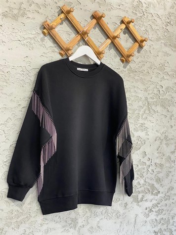 Koldan Şerit Zincir Detaylı Şardonlu Sweat (Siyah)