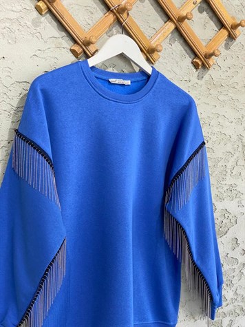 Koldan Şerit Zincir Detaylı Şardonlu Sweat (Mavi)