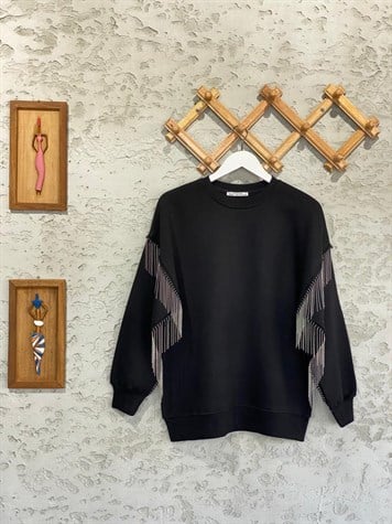 Koldan Şerit Zincir Detaylı Şardonlu Sweat (Siyah)