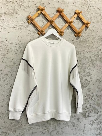 Koldan Şerit Zincir Detaylı Şardonlu Sweat (Beyaz)