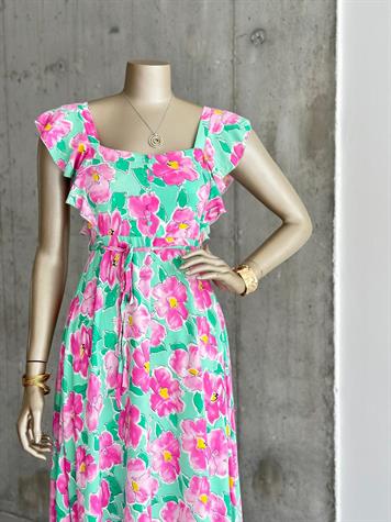 Kolları Fırfırlı Beli Kuşaklı Çiçekli Elbise (Yeşil)