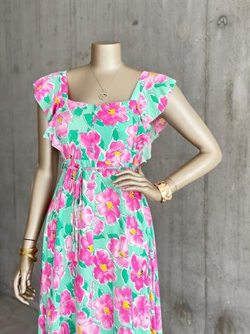 Kolları Fırfırlı Beli Kuşaklı Çiçekli Elbise (Yeşil)