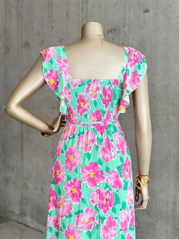 Kolları Fırfırlı Beli Kuşaklı Çiçekli Elbise (Yeşil)