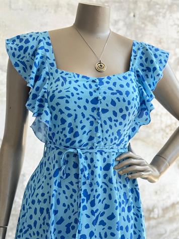 Kolları Fırfırlı Benekli Prenses Elbise (Mavi)