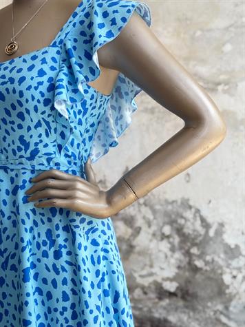 Kolları Fırfırlı Benekli Prenses Elbise (Mavi)