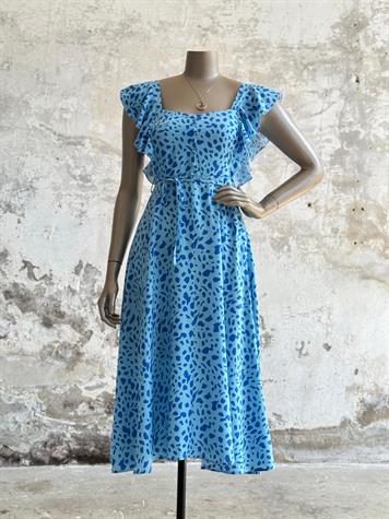 Kolları Fırfırlı Benekli Prenses Elbise (Mavi)