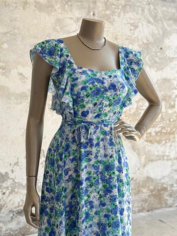 Kolları Fırfırlı Çiçekli Prenses Elbise (Mavi)