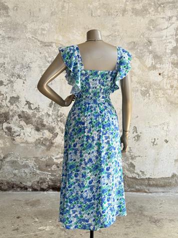 Kolları Fırfırlı Çiçekli Prenses Elbise (Mavi)