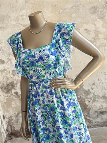 Kolları Fırfırlı Çiçekli Prenses Elbise (Mavi)