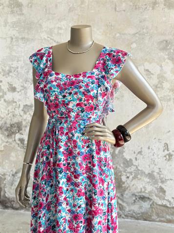 Kolları Fırfırlı Çiçekli Prenses Elbise (Pembe)