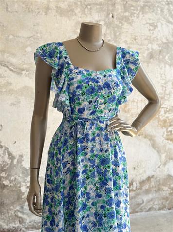 Kolları Fırfırlı Çiçekli Prenses Elbise (Mavi)