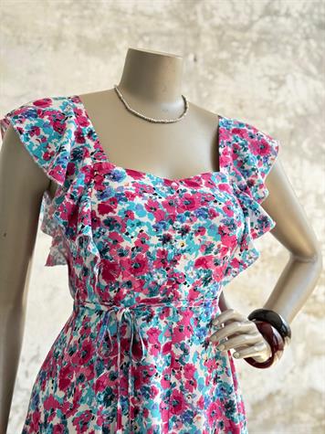 Kolları Fırfırlı Çiçekli Prenses Elbise (Pembe)