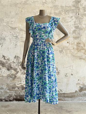 Kolları Fırfırlı Çiçekli Prenses Elbise (Mavi)