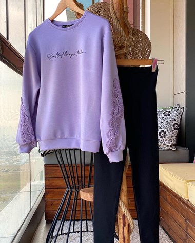 Kolları Güpür Detaylı Sweatshirt (LİLA)
