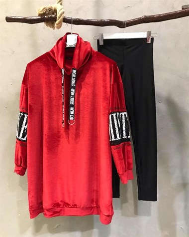 Kolları Payet Detaylı Kadife Sweatshirt(KIRMIZI)