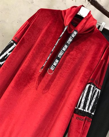 Kolları Payet Detaylı Kadife Sweatshirt(KIRMIZI)