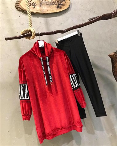 Kolları Payet Detaylı Kadife Sweatshirt(KIRMIZI)