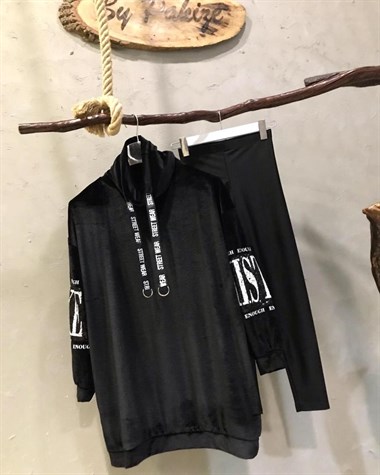 Kolları Payet Detaylı Kadife Sweatshirt (SİYAH)