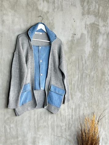 Kot Detaylı Örme Kadın Hırka (Gri)