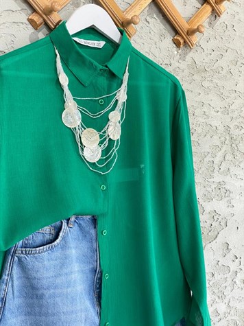 Krinkıl Doku Oversize Gömlek (Benetton Yeşil)