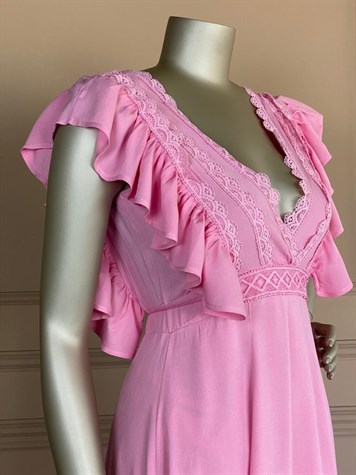 Krinkıl Kumaş Fırfır Detaylı Elbise (Pembe)