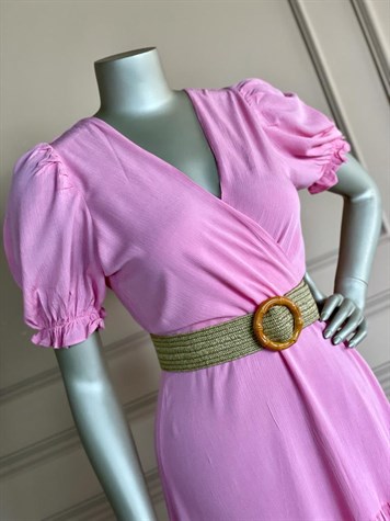 Krinkıl Kumaş Kruvaze Yaka Elbise (Pembe)